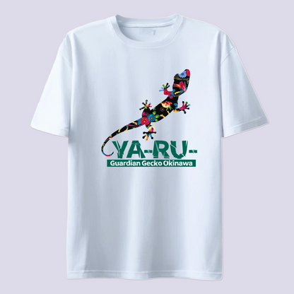 YA-RU- ヤールー紅型 ブラック / 白T (Gardian Gecko Bingata)