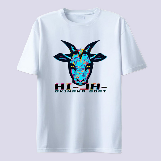 HI-JA- ヒージャー  紅型 ブルー / 白T（島ヤギ Okinawa goat Bingata）